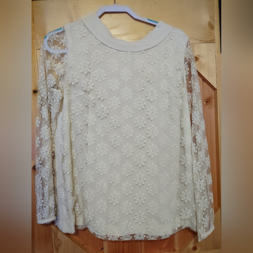 Vintage Toni Lynn Women's Floral Lace Lined Blouse Off White Size 16